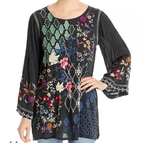 Johnny Was Esmerelda Tunic Embroidered Black Floral Cupra Rayon Women's L - Picture 2 of 7